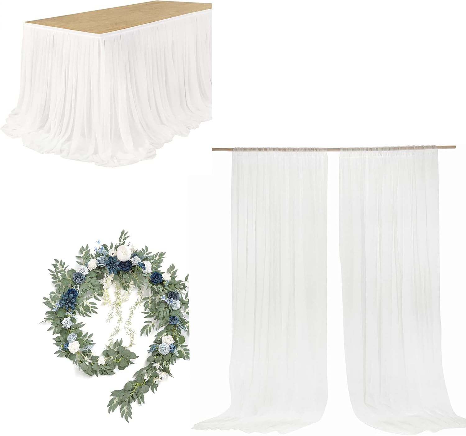 Ling's Moment 9FT Table Skirt/Wrinkle-Free Wedding Backdrop Curtains 2 Panels 5ft x 10ft / 9FT Eucalyptus and Willow Leaf Garland