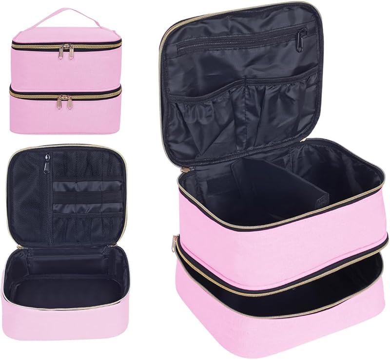 Necessaire de maquiagem TANPADUAJI com 2 compartimentos e divisórias ajustáveis, Pink Gold