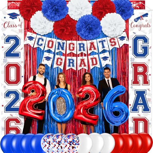 Image of Graduation Party Decorations Class of 2026, Graduation Decorations with Congrats Grad Banner Fringe Foil Curtain Paper Flower Ball Balloons for High School College Grad Party Supplies, Red Blue