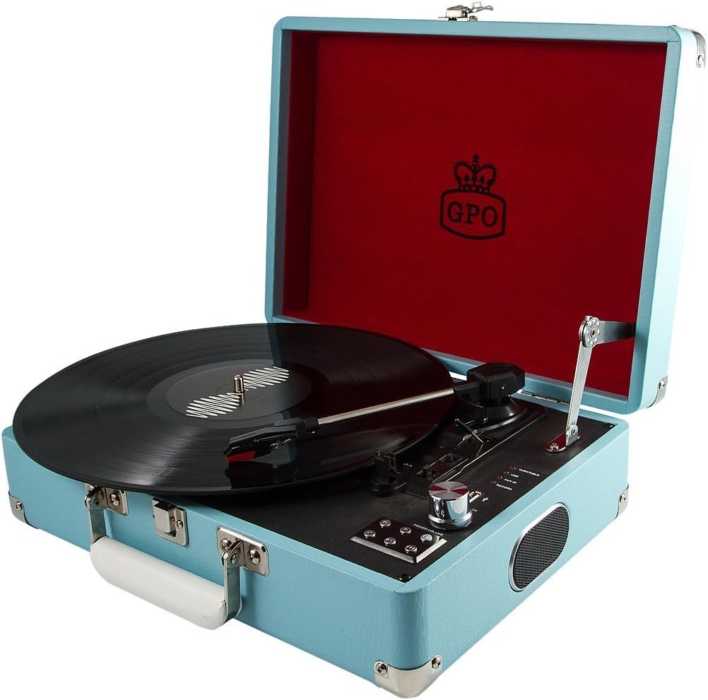 GPOAttache Briefcase Style Three Speed Portable Record Player with Built-in Stereo Speakers and Free USB Stick Instant Digital Vinyl Conversion