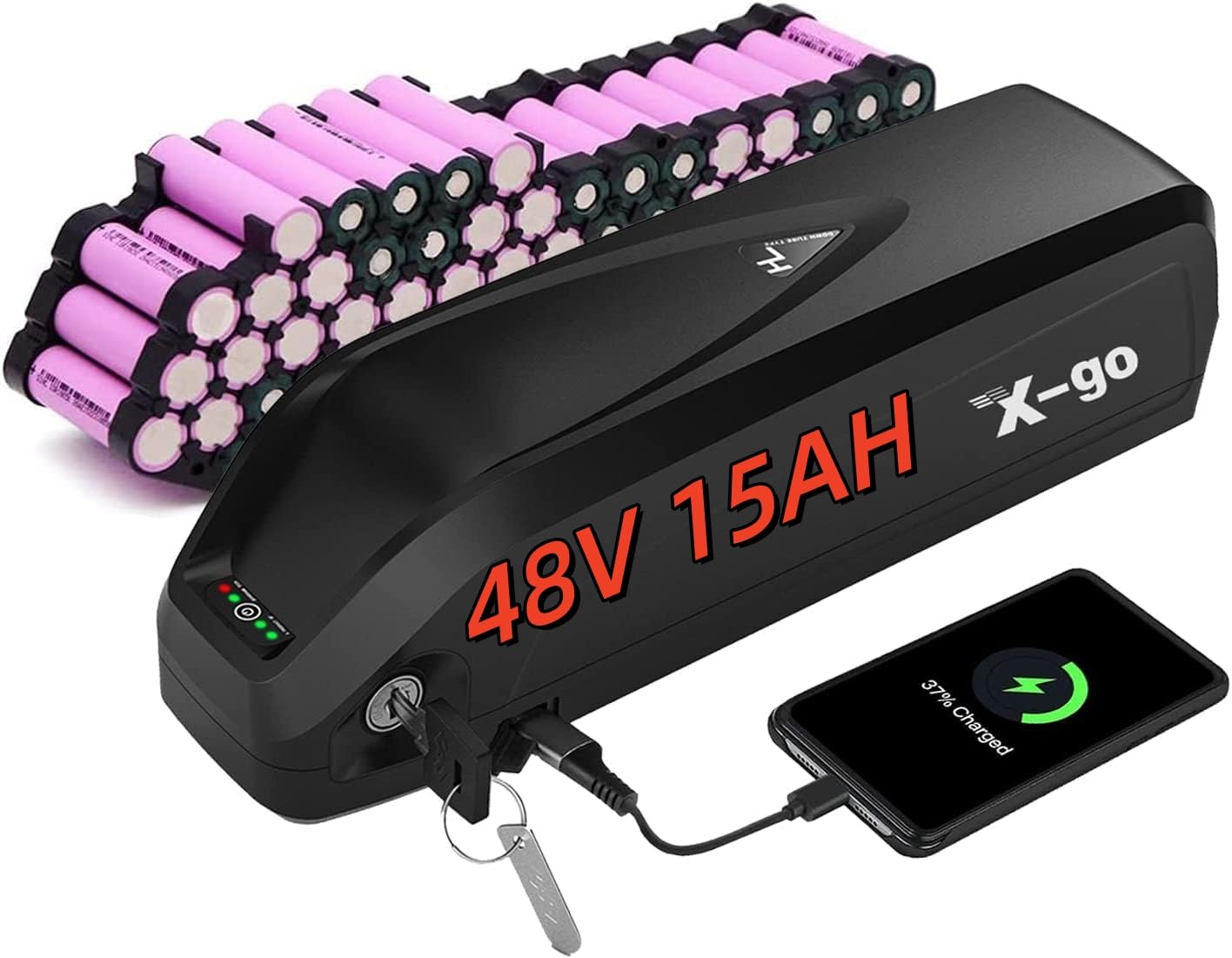 （UK Warehouse）Electric Bike Battery 48V 15Ah Lithium Ion with BMS and Charger Compatible with 250W 500W 750W 1000W Motors 5 Pin Base Plate USB Port and Power Switch