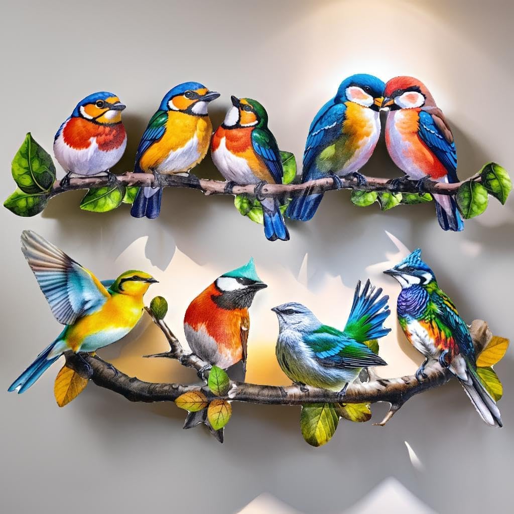 2025 New Metal Birds Outdoor Wall Art Decor, Vivid Bird on Branch Hanging Leaves Metal Hummingbird Decor Suitable for Porch Fence Garden Outdoor Indoor Wall Decorations (2 Pack Birds Colorful)