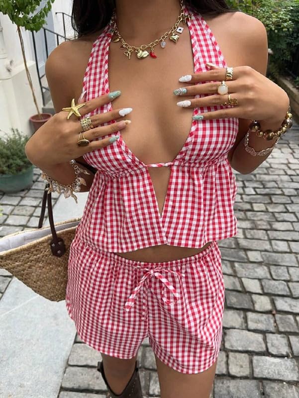 Image of ROAONOCOMO Women Tie Front Shorts Set V Neck Halter Cami Top Y2K 2 Piece Pj Set Graphic Summer Beach Lounge Outfit