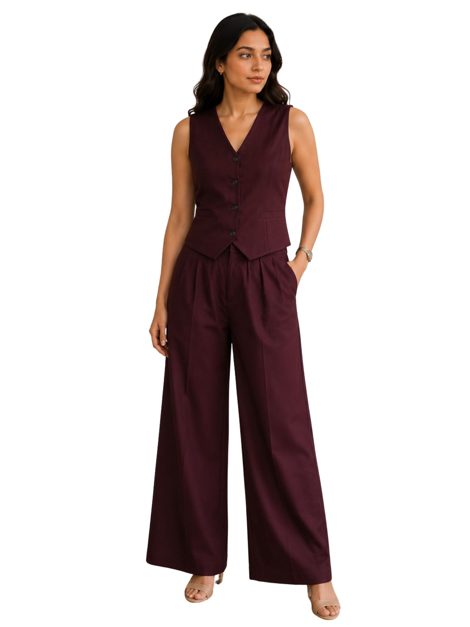 Women's Wine Sleeveless Waistcoat with Wide Leg Trousers Co-Ord Set | Smart Casual Formal Two-Piece Outfit | Office Wear | Elegant Vest & Pant Set-picture-12