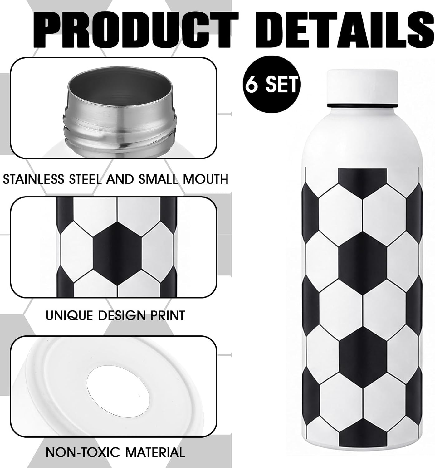 6 Pcs Soccer Water Bottles Bulk 17 oz Soccer Party Favors Decorations Stainless Steel Sports Tumblers with Bow Vacuum Insulated Reusable Leakproof Bottles for Birthday Team Gifts
