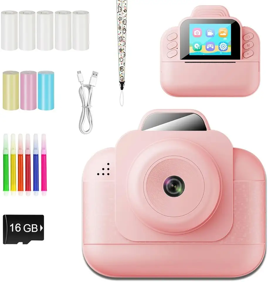 Kit de Câmera Infantil, Incluindo 5 Rolos de Filme, 3 Rolos de Filme Colorido, Cartão de Memória de 16 GB, Lápis de Cor, Cordão e Função de Impressão Instantânea (Rosa)