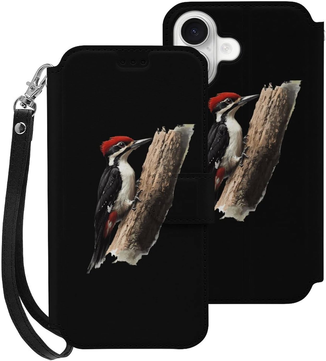 Woodpecker Compatible with iPhone 16/16 Plus/16 Pro/16 Pro Max/16 E Case Phone Wallet Card Holder Flip Cover with Wrist Strap