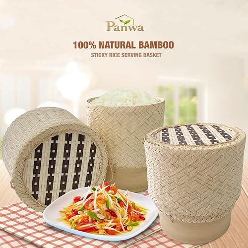 Miniatura 4 de Cesta adhesiva de bambú para servir arroz, contenedor tailandés Kratip 100% hecho a mano, artesanías tradicionales de pueblo con tinte vegetal a