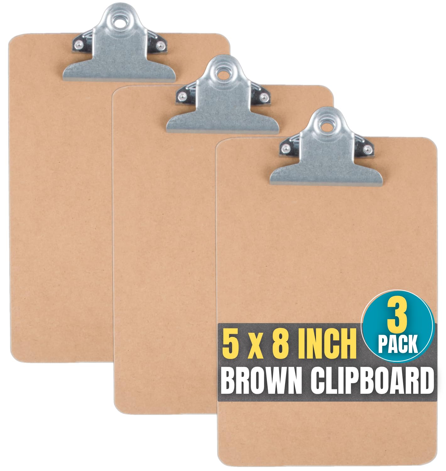 1InTheOffice Clipboard 5x8, Mini Clipboard, Hardboard, with Stainless Spring Clip, Brown, 3 Pack