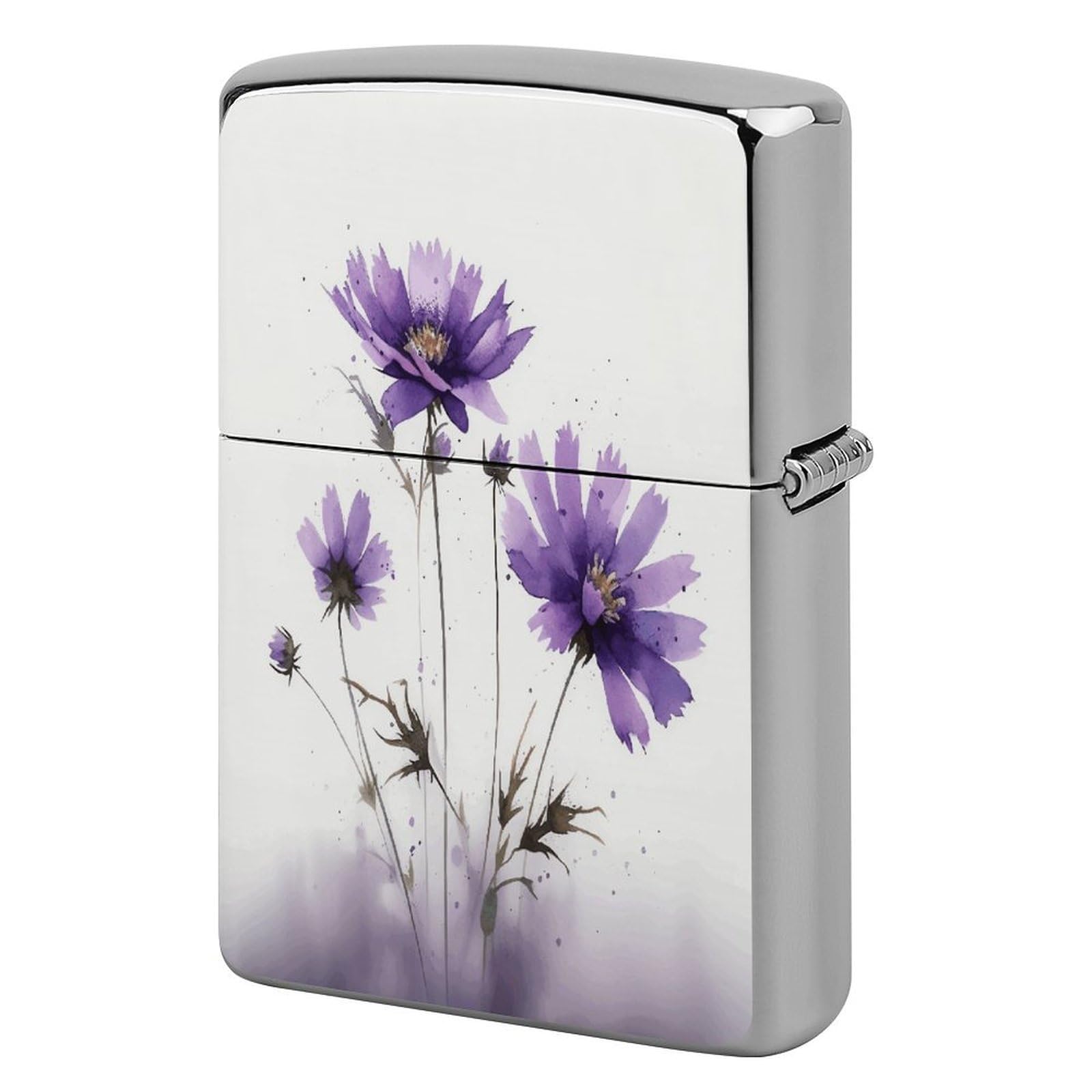 Btcowzrv Style Hand Drawn Purple Flowers Metal Lighter Case Sleeve Cover Holder