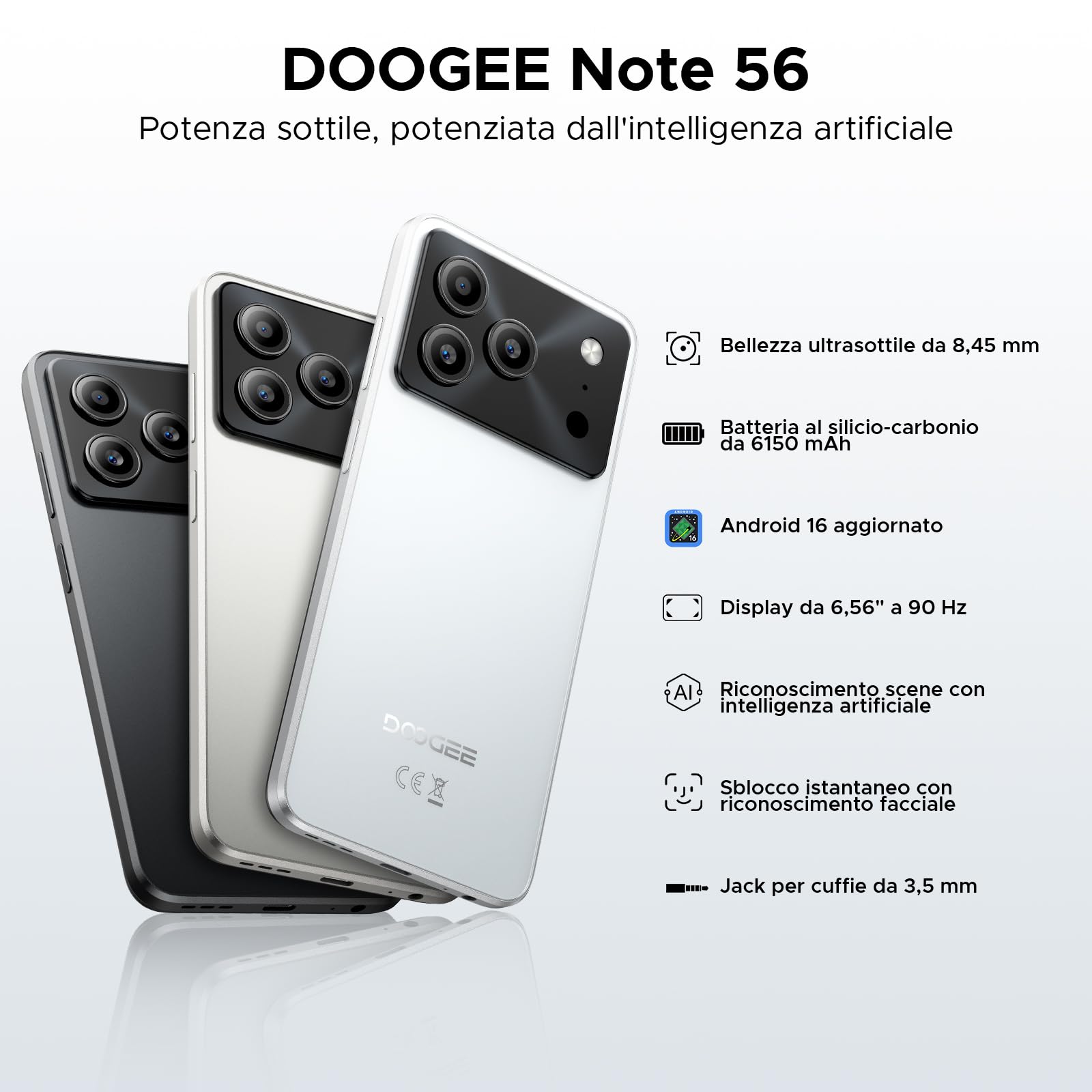 DOOGEE Note 56 Smartphone Android 16, 6150 mAh, 8.45 mm Ultrasottile, 6.56" HD + 90 Hz IPS, 24 GB + 64 GB/2 TB TF, 4G Telefono Cellular offerta Smartphone, Dual SIM/Octa Core/OTG/Face ID/GPS, Nero