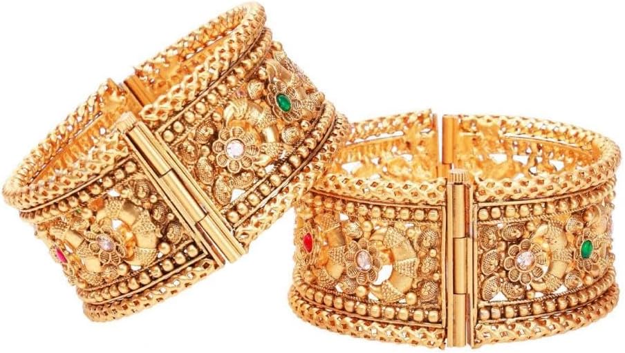 Efulgenz Indian Bangles for Women Gold Tone Bracelet Bangle Set Crystal Floral Engraved Style Hinge Openable Big Broad Bangles Bracelet Indian Bridal Jewelry for Wedding Bollywood Fashion Jewelry (2 Pcs)