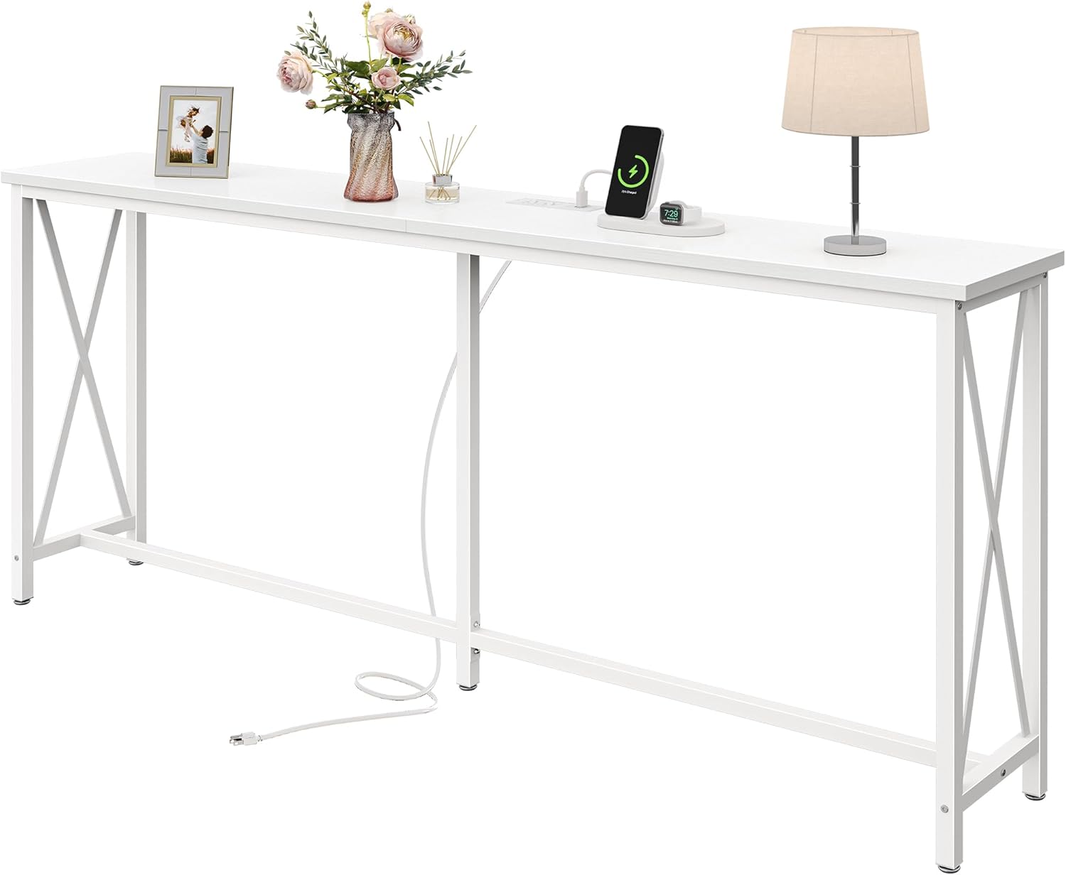 SUPERJARE 70 Inch Console Table with Outlets and USB-C Port, Extra Long Behind Couch Sofa Table with X-Shaped Design, Narrow for Entryway, Living Room, Metal Frame, Wooden Top, White White 11.8"D x 70.9"W x 31.5"H