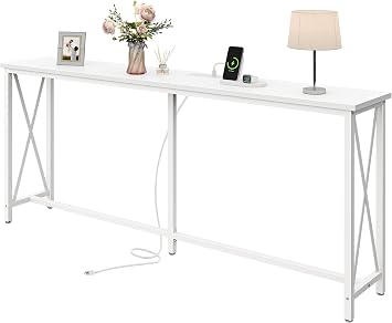 SUPERJARE 70 Inch Console Table with Outlets and USB-C Port, Extra Long Behind Couch Sofa Table with X-Shaped Design, Narrow for Entryway, Living Room, Metal Frame, Wooden Top, White