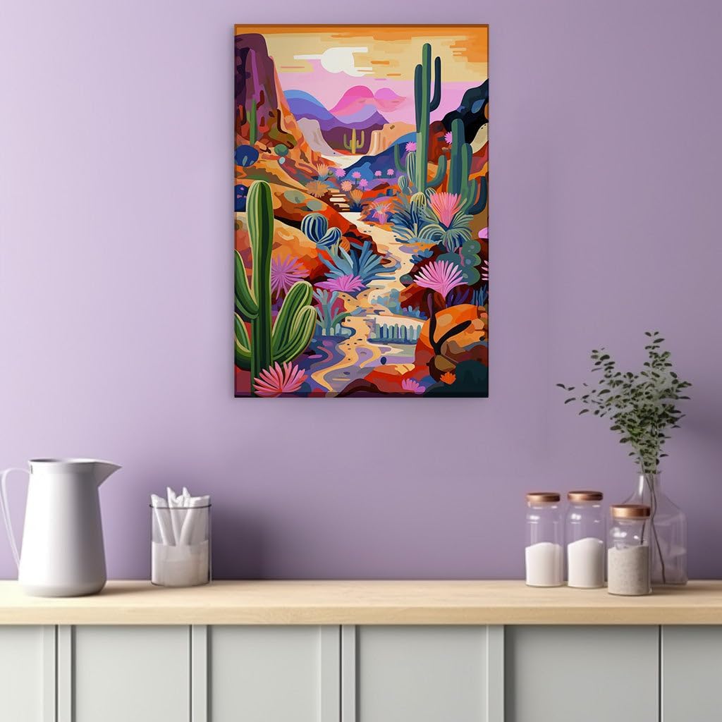 Canvas for Living room. Sunset Serenity in the Desert Oasis: A Tapestry of Vibrant Blooms and Tranquil Hues, 27 x 18 inch Canvas Wall Art - Contemporary Masterpieces - Modern Home Decor