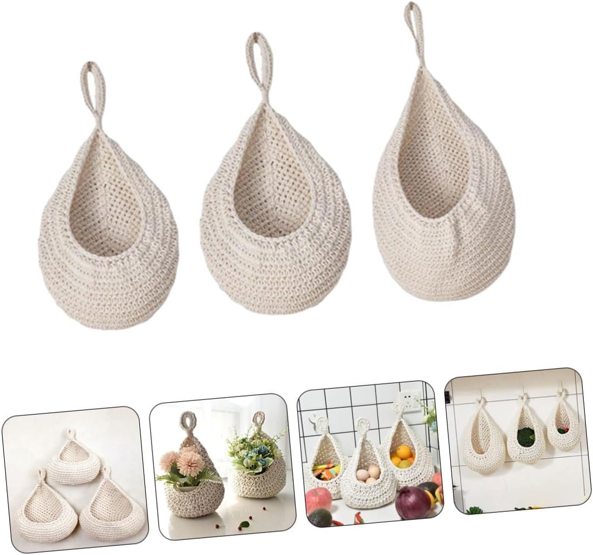 Handwoven Teardrop Hanging Fruit Basket Set of 3, Bohemian Style Woven Storage Organizer, Kitchen Wall-mounted Sundries and Vegetable Holder for Home