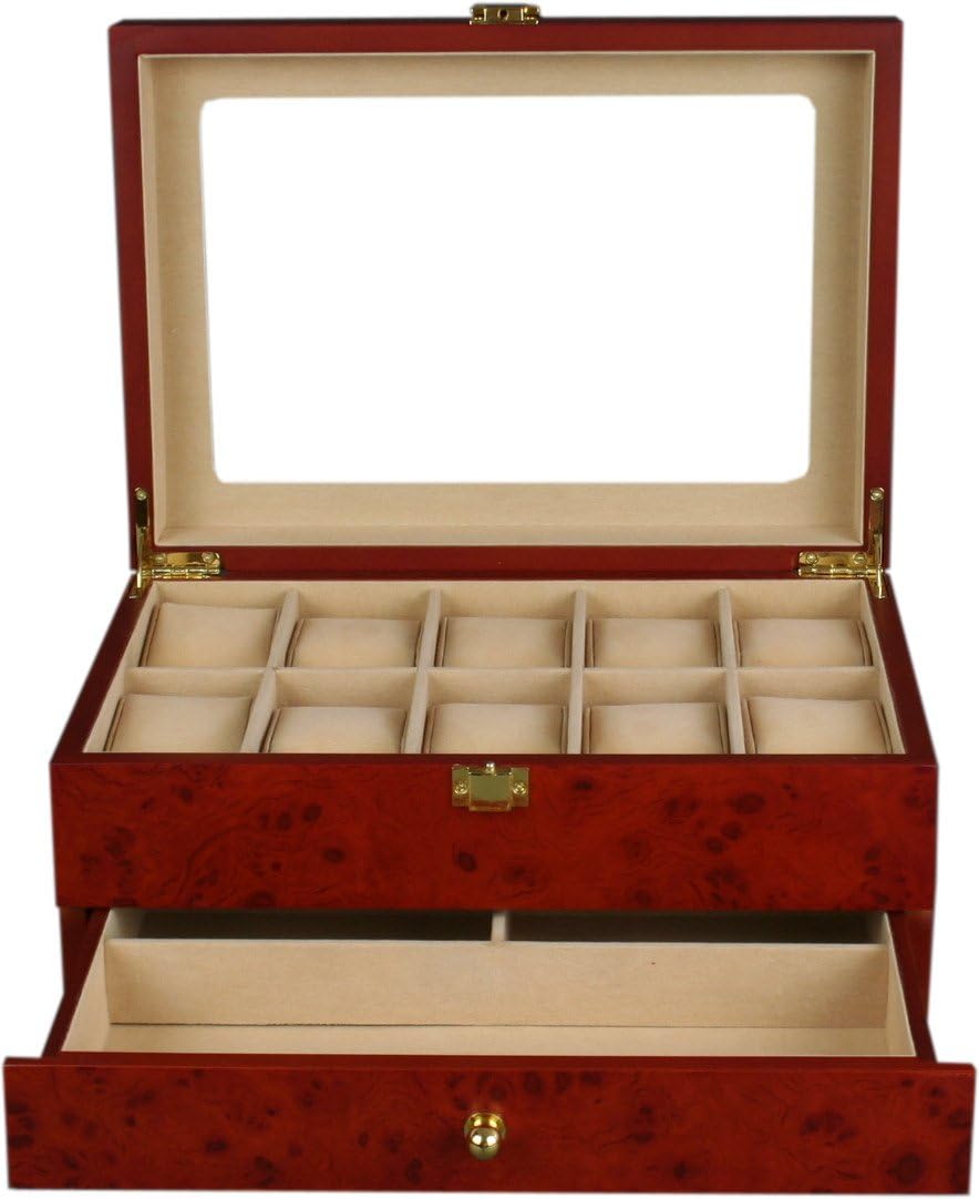 Kendal Top Quality Wooden Burlwood Matte Finish Watch Case Display Box with a Drawer WC10+3YL