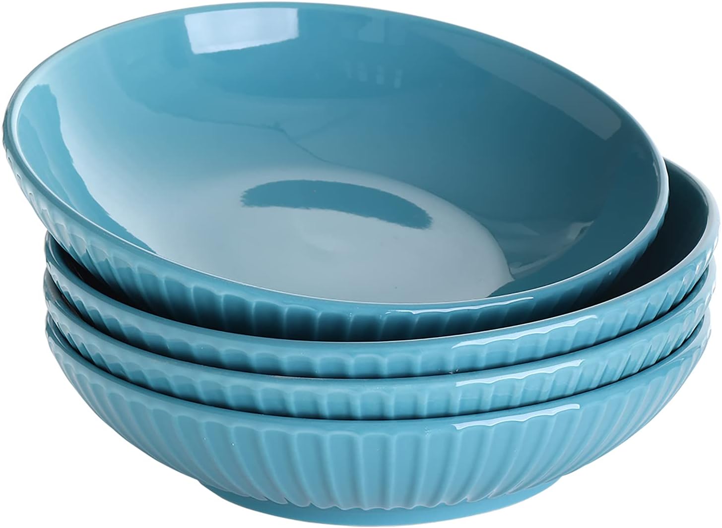bestone Ceramic Pasta Bowl Set, For Soups and Salads, Serving Bowls, Large Capacity, Microwave & Dishwasher Safe, Set of 4, Embossed Strip Serving Bowls，40 oz，Blue