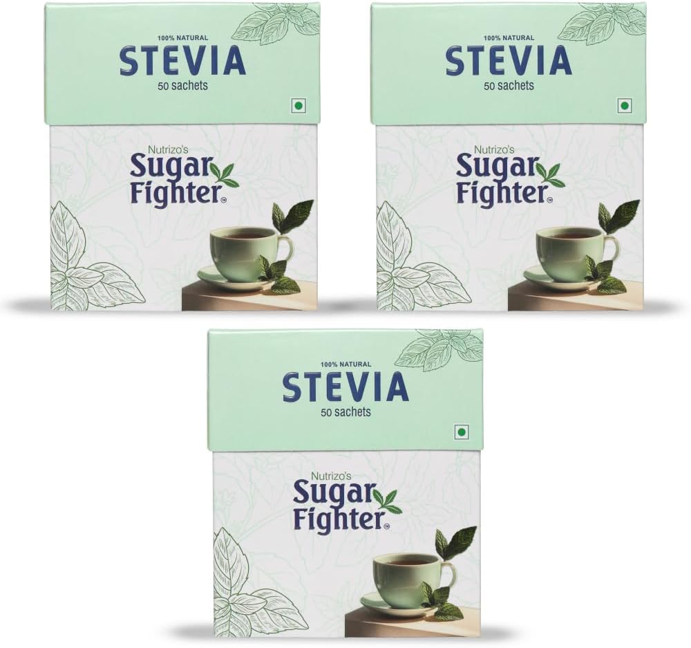 Sugar Fighter Stevia Sachets 3 Box – 50 Sachets | Zero Calorie & Fat-Free Sweetener | 100% Natural Stevia | Sugar Free | Non-GMO, Plant-Based Sugar Alternative | Zero Sugar Sweetener | HACCP & GMP Certified