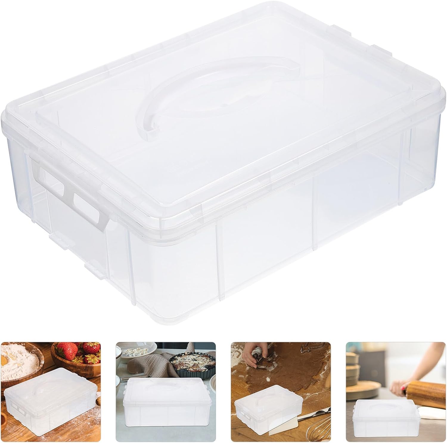 Wakauto Portable Cupcake Carrier Cake Storage Box with Handle and Lid, Plastic Muffin Transport Container for Dessert Display and Takeout, White Reusable Cake Holder for Parties and Events
