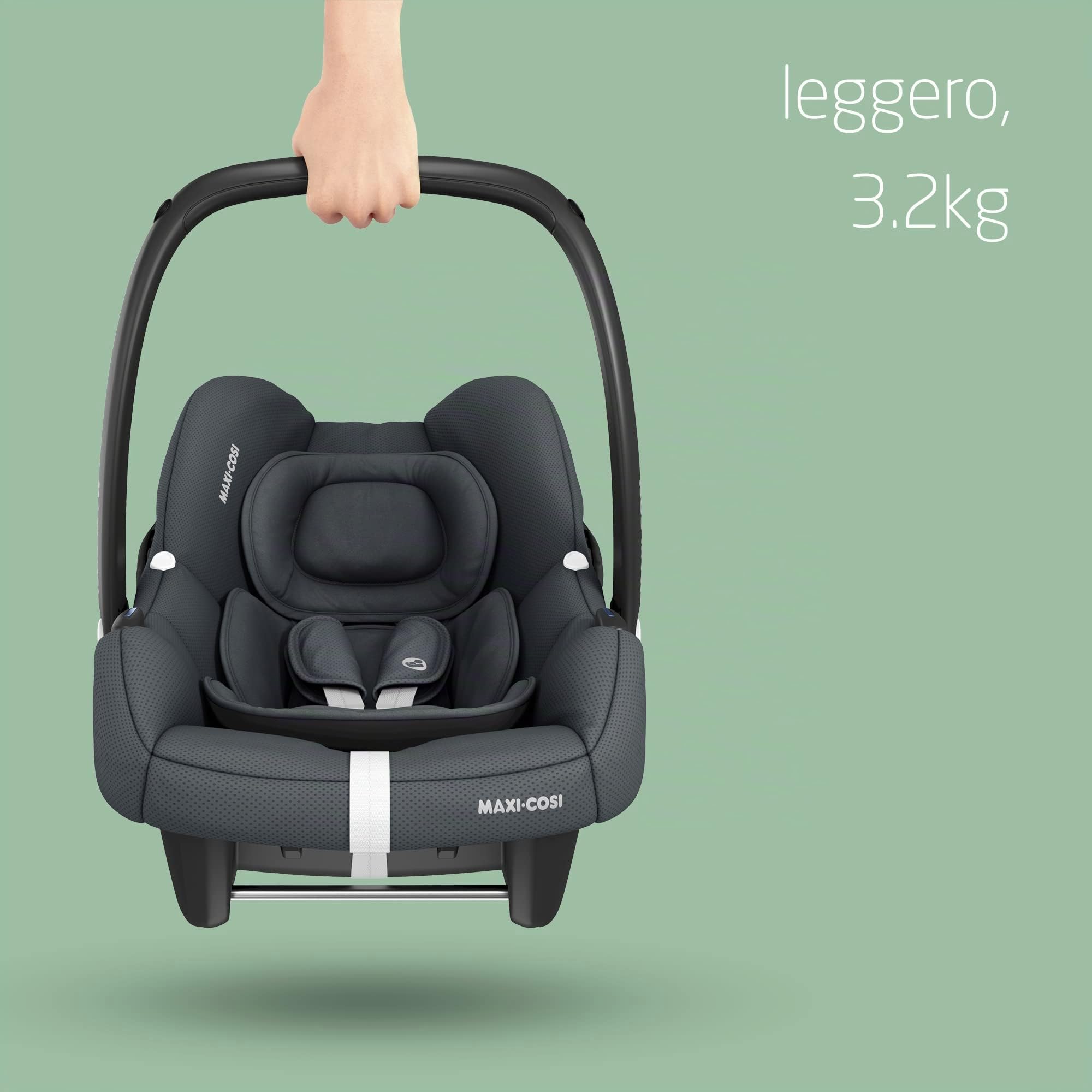 Maxi-Cosi CabrioFix i-Size, Seggiolino auto neonato, 0-12 mesi, 0-12 kg, Seggiolino auto Isofix leggero (3,2 kg), Capottina ampia, Seduta ultra imbottita, Riduttore Neonato, Essential Graphite