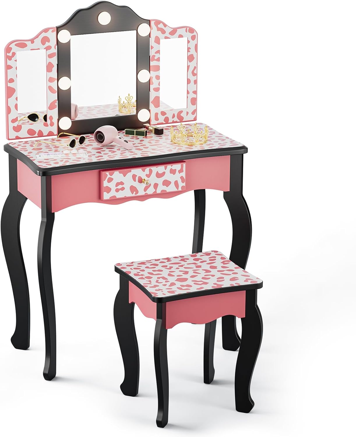 JOYMOR Kids Vanity Table and Chair Set, Girls Vanity with Leopard Print, Tri-Fold Mirror & Lights, Princess Makeup Desk for Girls, Pink