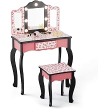 JOYMOR Kids Vanity Table and Chair Set, Girls Vanity with Leopard Print, Tri-Fold Mirror & Lights, Princess Makeup Desk for Girls, Pink