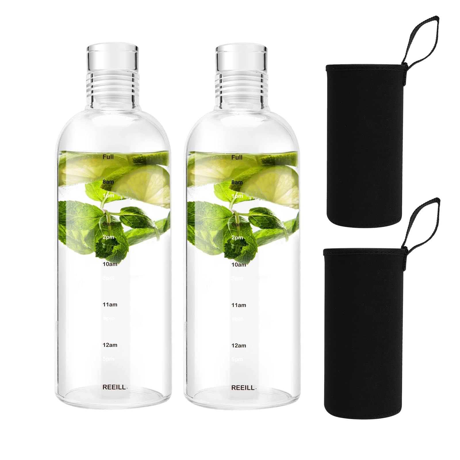 Snminetal Glass Water Bottles,With Time Marker? Non-slip Sleeve And Seal Lid, Drink Water Bottle 26oz?Suitable for office, Car, home, travel Hiking, fitness, as a gift, etc(750ML2PCS)
