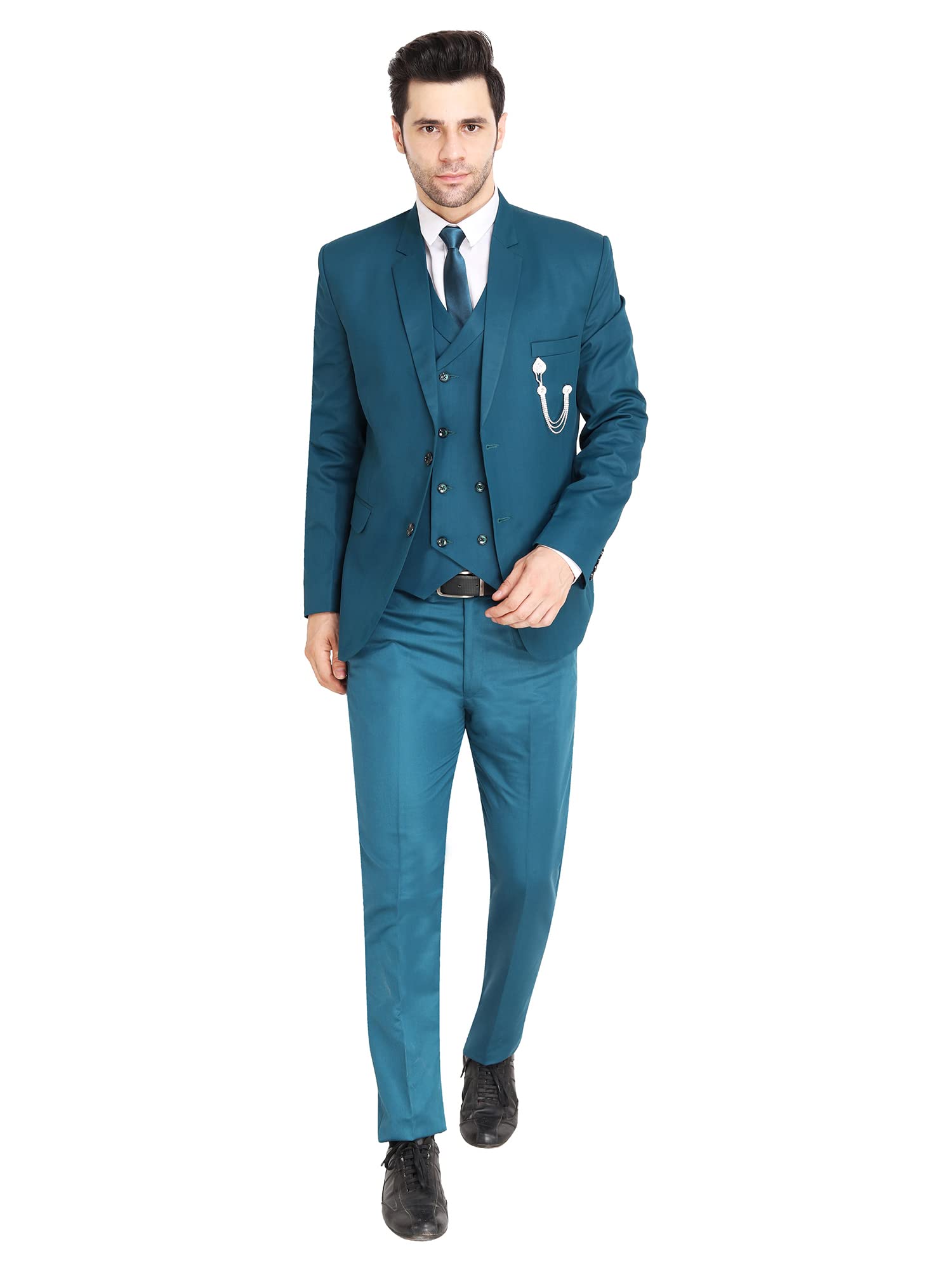 VYOM Enterprise Men's Slim Fit Tuxedo 3 Pieces Suit Set Notch Lapel Suit with Double Breasted Waistcoat Crocodile (34, Peacock Blue)-picture-42
