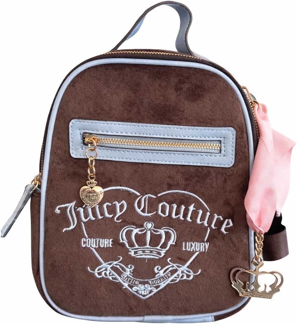 Mini Backpack Purse for Women, Velour Logo Backpack with Front Zip Pocket, Top Handle & Adjustable Straps (Chocolate)