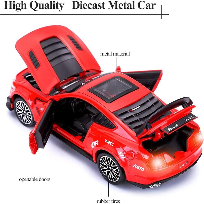 Image of Kids Model 1:32 Mastang Die Cast Metal Car Pull Back Action Opening Doors with Realistic Engine Sound Lights Toy Car Gift for Boys - Multi