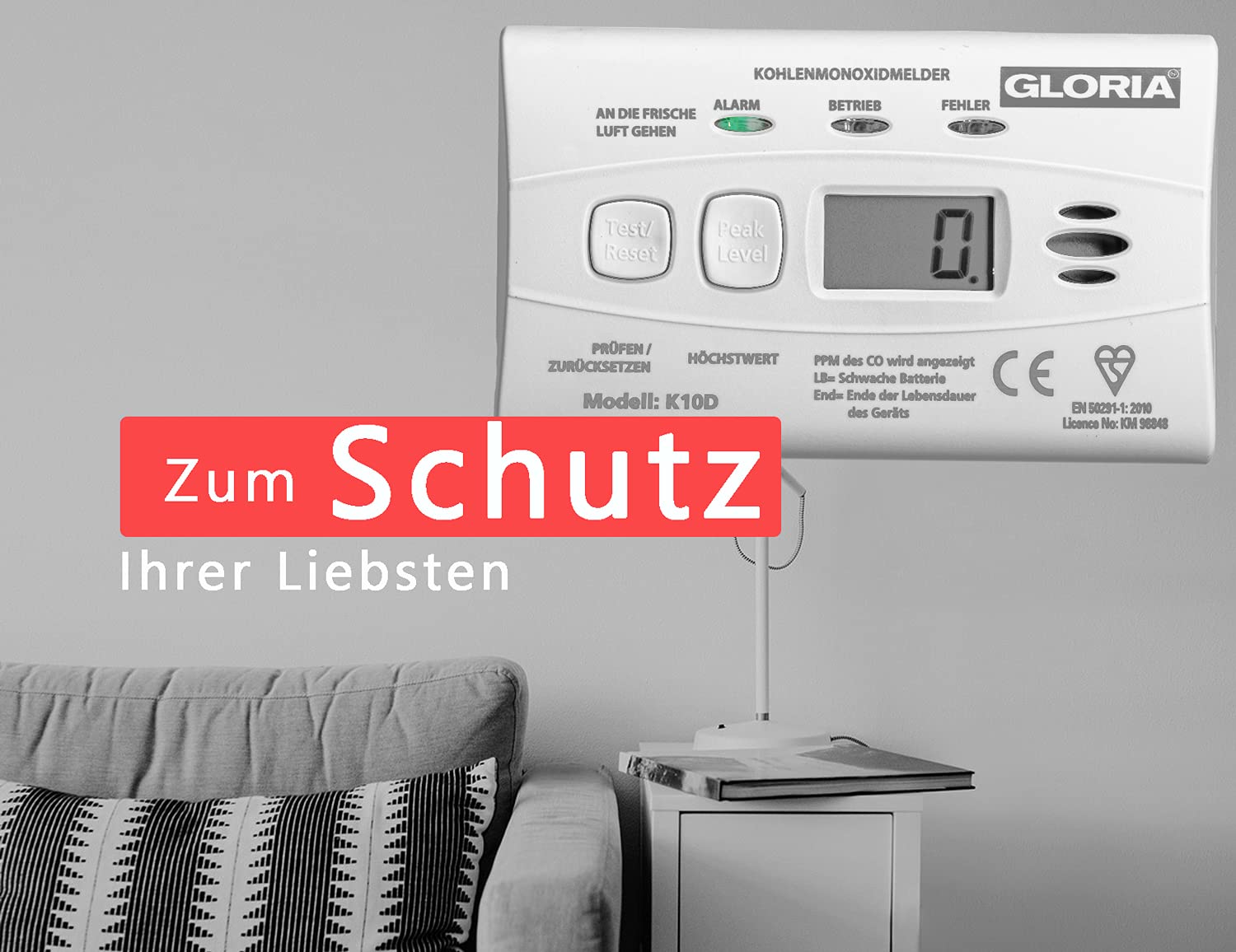 Gloria K10D Kohlenmonoxidmelder CO Melder mit Display u. 10-Jahres Batterie