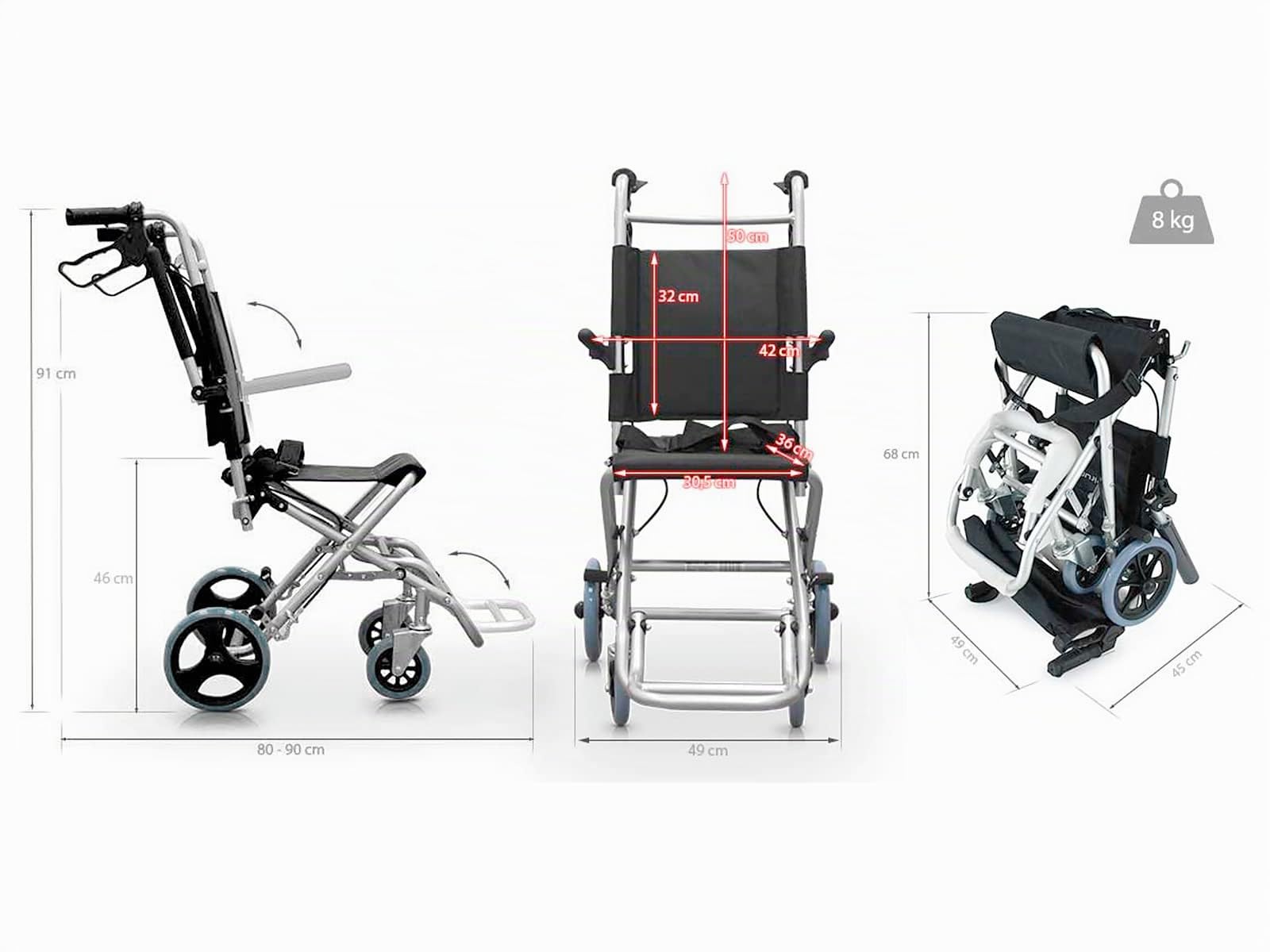 QUIRUMED Sedia a rotelle pieghevole, Speciale per la casa, Per il trasferimento, Alluminio, Leggera, Braccioli pieghevoli, Poggiapiedi pieghevoli, Freni a leva, Con cintura, Fino a 120 kg