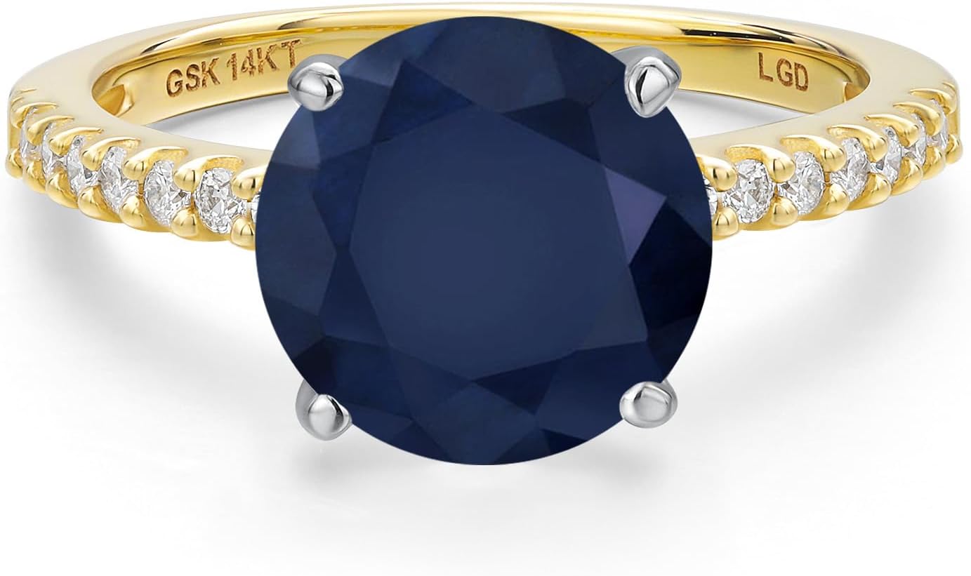 Gem Stone King 14K 2 Tone Gold Blue Sapphire and Lab Grown Diamond Engagement Ring For Women | 5.11 Cttw | Round 10MM | Gemstone Birthstone | Wedding Anniversary Promise Ring For Women - Image 3