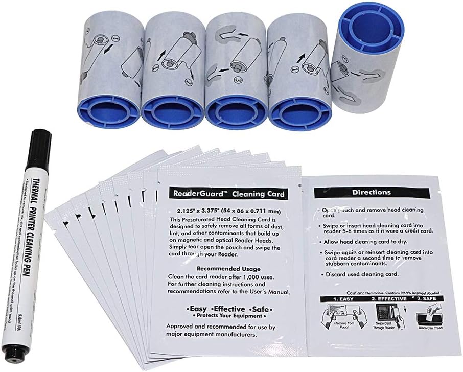 SP25/SP25 Plus/ SP35/SP35 Plus/ SP55/SP55 Plus/ SP75/SP75 Plus Card Printer Cleaning Kit，Pack of 5 Bule Adhesive Cleaning Sleeves，10 CR80 Cleaning Cards，and 1 Cleaning Pen CK-DC569946