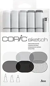 COPIC Marcador Sketch Ponta Dupla Redonda e Chanfrada, Estojo com 5 Cores Sketching Grays + 1 Multiliner