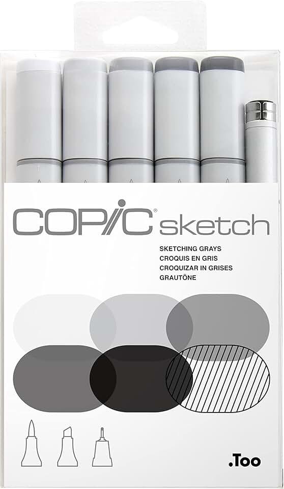 COPIC Marcador Sketch Ponta Dupla Redonda e Chanfrada, Estojo com 5 Cores Sketching Grays + 1 Multiliner