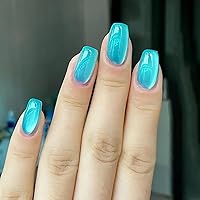 Vista 14 de Uñas postizas rosas cuadradas a presión, uñas falsas medianas con diseño de color sólido, uñas acrílicas degradadas, uñas artificiales brillantes