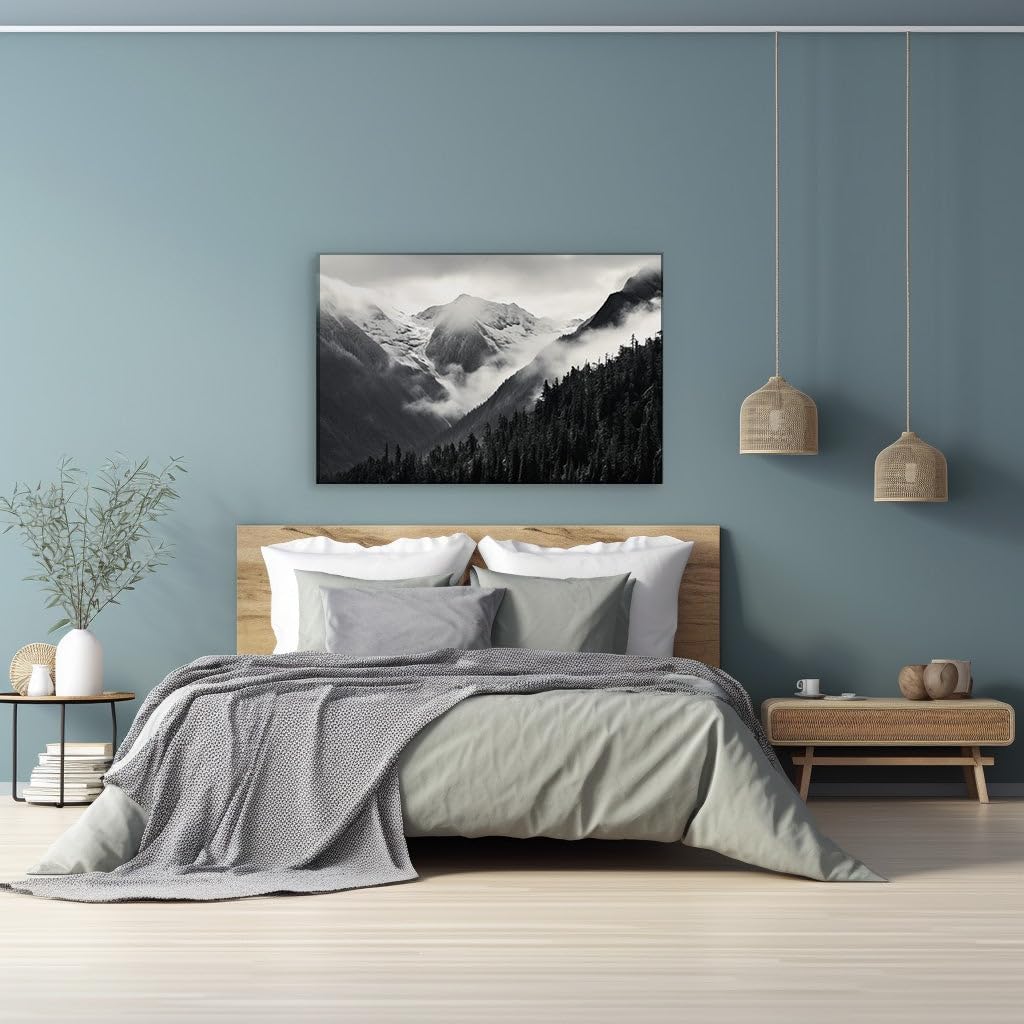 Canvas for Living room. Whispering Peaks: A Monochrome Symphony of Snow and Silence, 27 x 18 inch Canvas Wall Art - Surrealistic Visions - Modern Home Decor