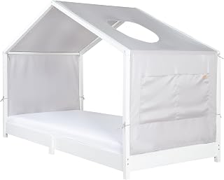 roba Hausbettbezug für Montessori Hausbett 90 x 200 cm – Himmelbett-Zubehör mit 3 Aufbewahrungstaschen & Dachfenster – Hellgrau
