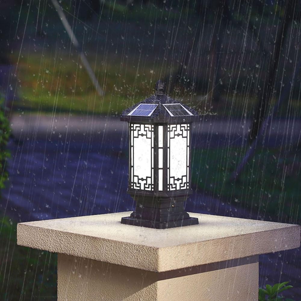 Zewnętrzna lampa solarna – aluminiowa lampa stojąca, latarnia zewnętrzna z podstawą montażową filaru 15 cm, oświetlenie zewnętrzne na werandzie, do ogrodu, na podwórko, patio