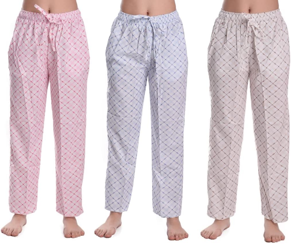 Women's Cotton Cheque Printed Pyjama/Casual Style Pajama Trackpant Loungewer (Red, Blue, Brown; Pack Of 3)