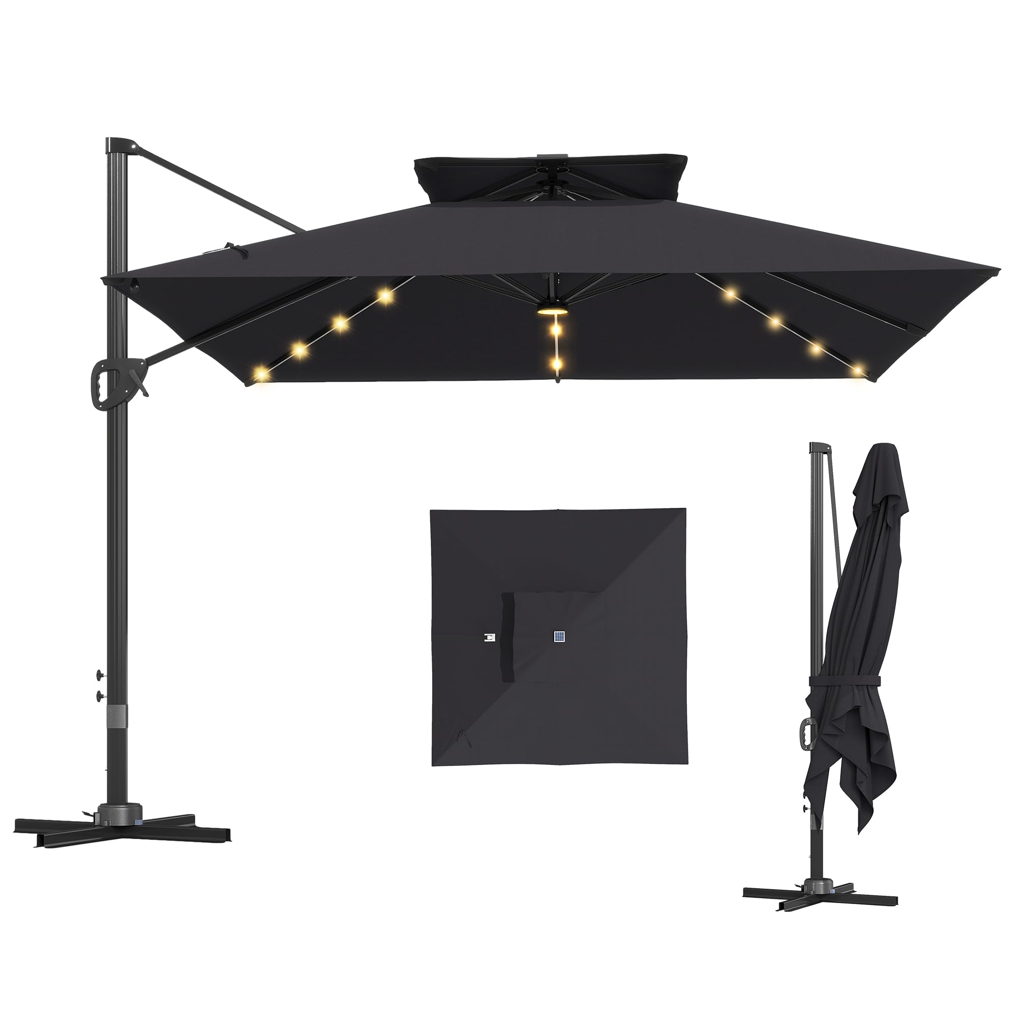 Outsunny 3.5m Cantilever Parasol Aluminium Black with LED Lights