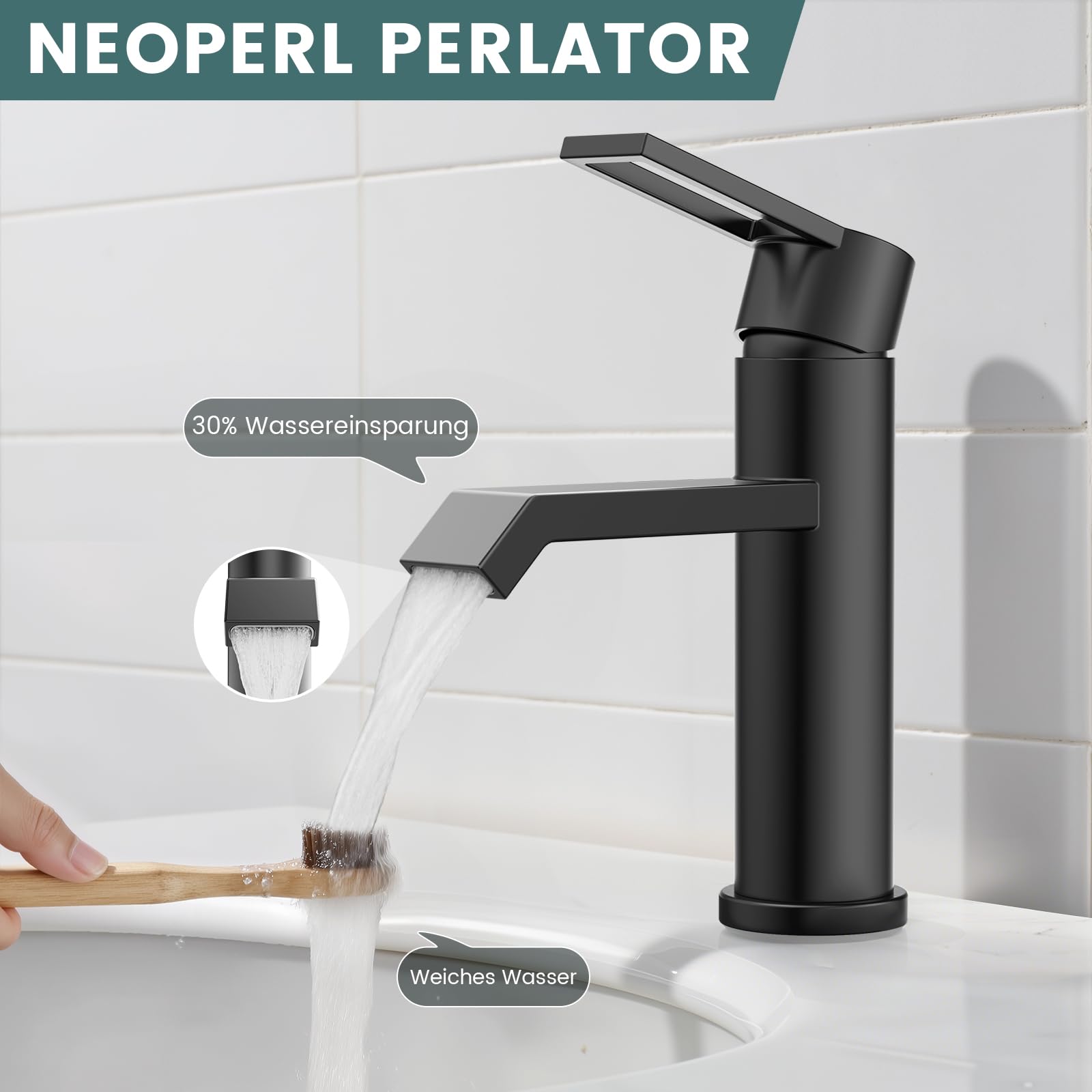 Wasserhahn Bad Waschtischarmatur Schwarz Matt, HURRAN Waschtischarmaturen Wasserhahn Badezimmer, Edelstahl Einhebelmischer für das Badezimmer, Moderne Waschbeckenarmatur für die Toilette RV Spüle