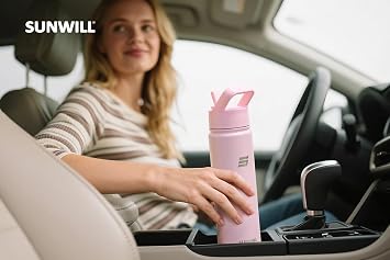 SUNWILL Metal Water Bottle with Straw Stainless Steel, 650ml Insulated Leakproof Thermal Flask with 2 Lids for Cold and Hot Drink, Running, Sports, Gym, Travel, Sakura