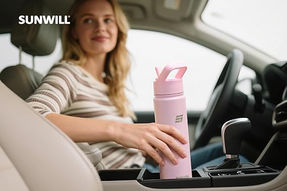 SUNWILL Metal Water Bottle with Straw Stainless Steel, 650ml Insulated Leakproof Thermal Flask with 2 Lids for Cold and Hot Drink, Running, Sports, Gym, Travel, Sakura