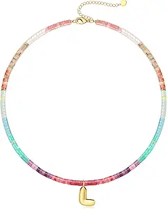 Beaded Initial Necklaces for Women Teen Girl Gifts Trendy Stuff Colorful Gemstone Choker Necklace with Bubble A-Z Stocking Stuffers for Teens Christmas Gifts for Her Birthday Summer Beach Jewelry for Daughter Sister Friend