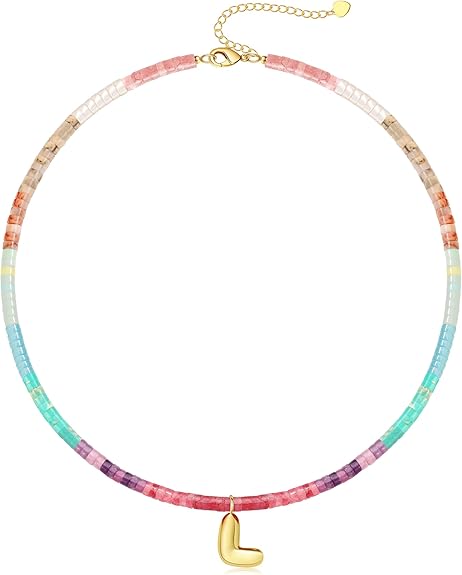 Beaded Initial Necklaces for Women Teen Girl Gifts Trendy Stuff Colorful Gemstone Choker Necklace with Bubble A-Z Stocking Stuffers for Teens Christmas Gifts for Her Birthday Summer Beach Jewelry for Daughter Sister Friend