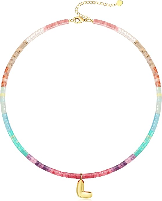Beaded Initial Necklaces for Women Teen Girl Gifts Trendy Stuff Colorful Gemstone Choker Necklace with Bubble A-Z Stocking Stuffers for Teens Christmas Gifts for Her Birthday Summer Beach Jewelry for Daughter Sister Friend