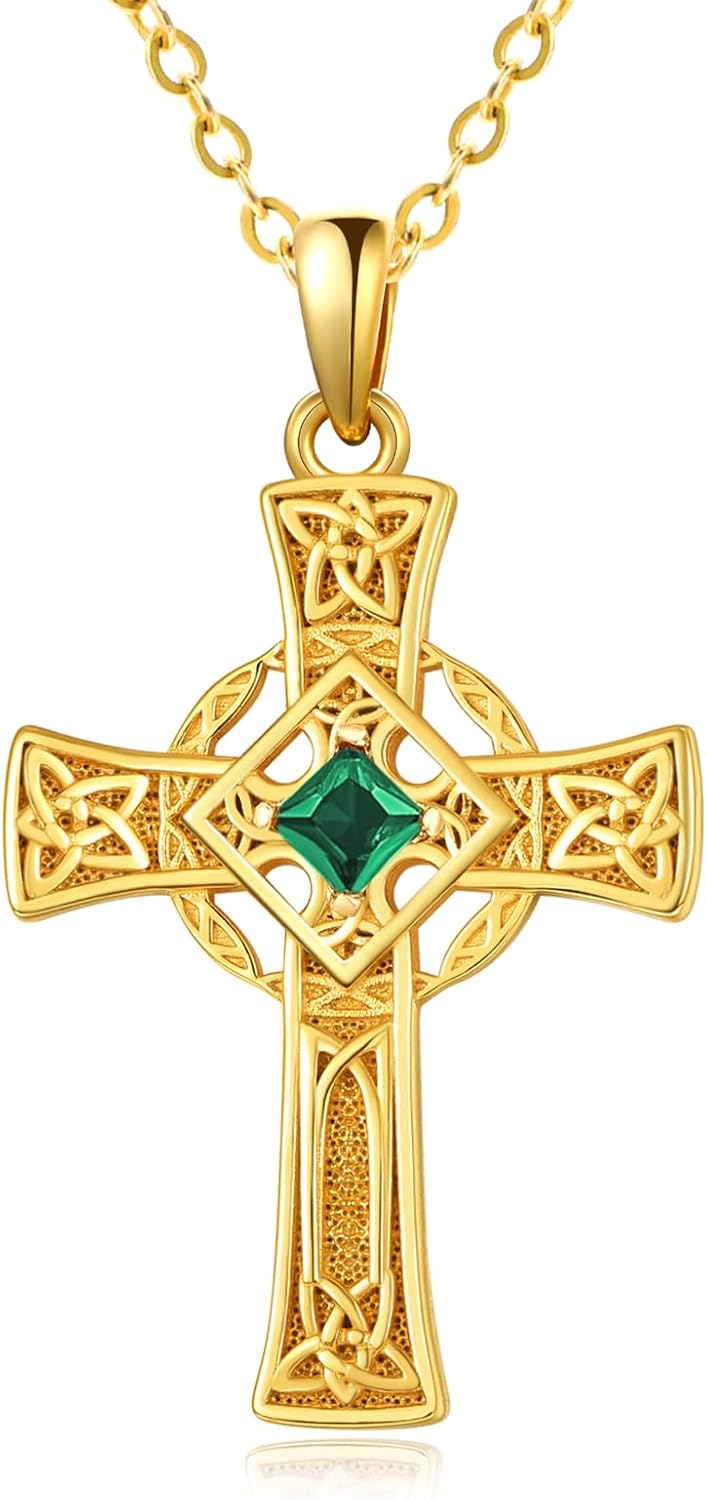 Valentine's Day Irish Jewelry Celtic Cross Necklaces for Women Anniversary Birthday Gift Protection Christian Cross with Square Birthstone